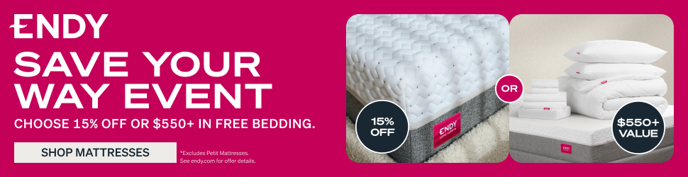 Endy Save Your Way Event — choose 15% off or $550+ in free bedding